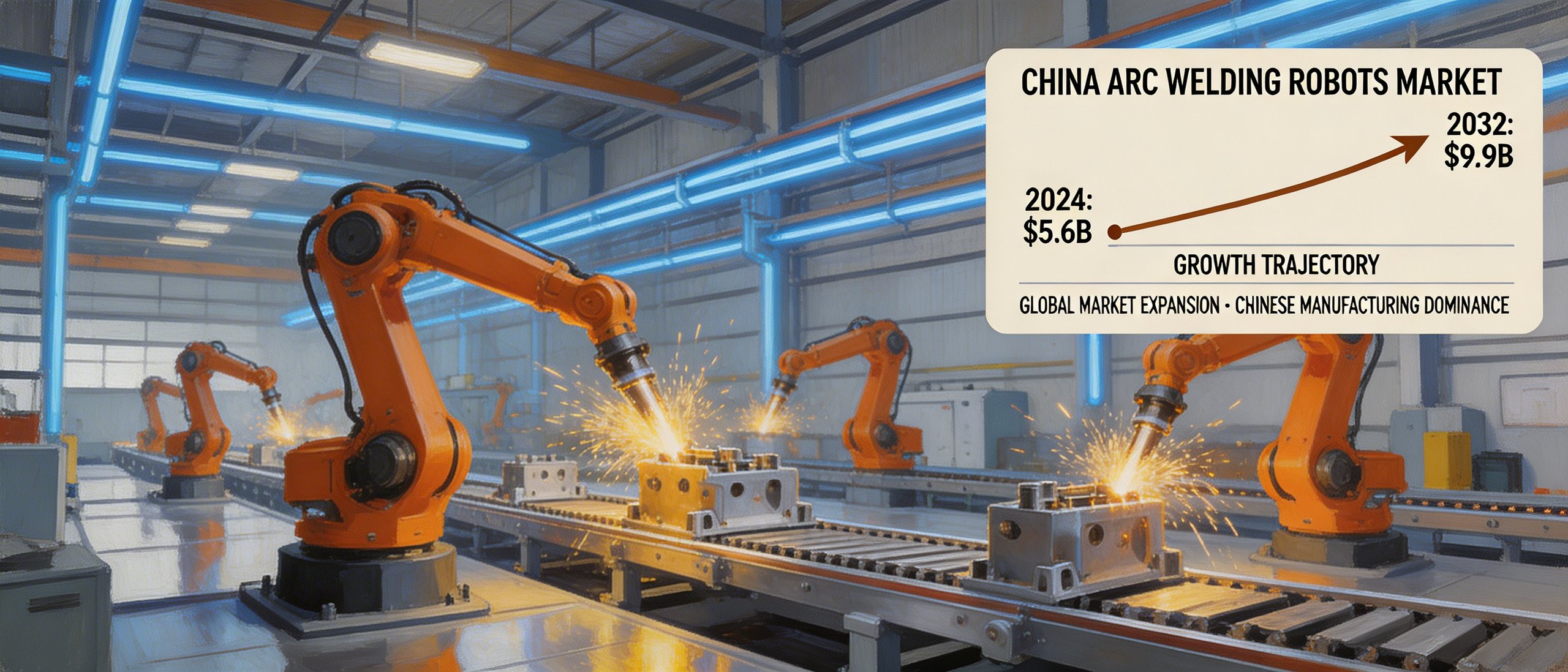 China Arc Welding Robots Market projected to grow from $5.6B to $9.9B by 2032 with 7.8% CAGR, orange robotic welding arms in modern factory environment with industrial automation expansion visualization