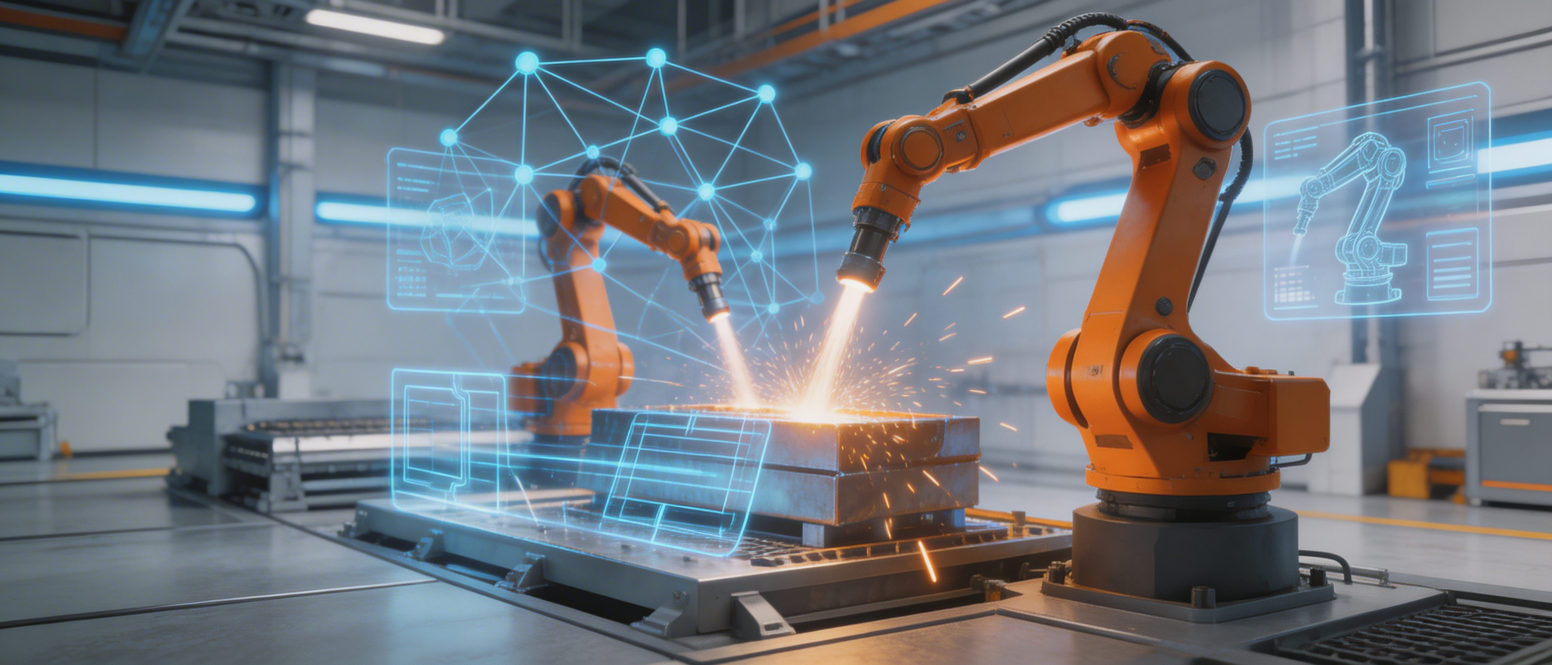 Valk Welding AI-driven product recognition robotic welding automation with neural network visualization and holographic displays in high-tech factory environment