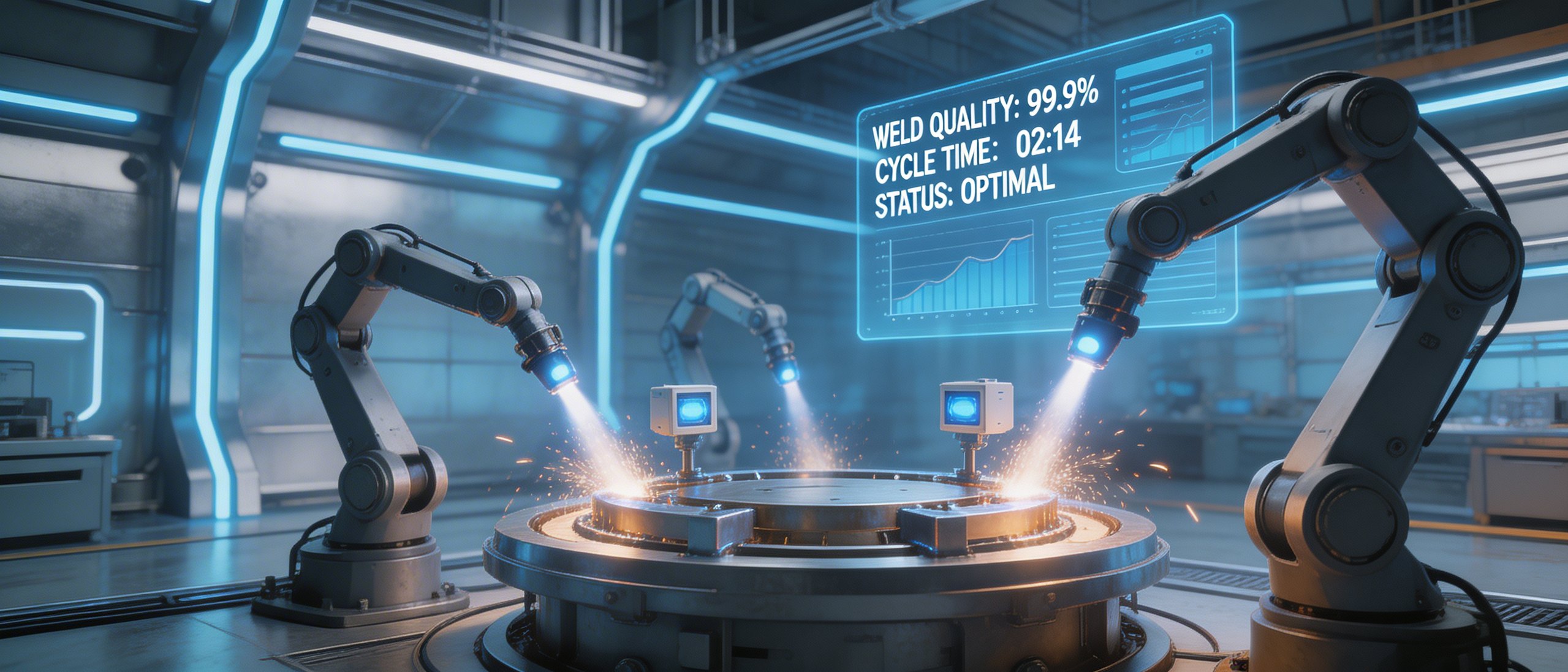 Advanced robotic welding automation systems in modern manufacturing facility, precision laser welding with plasma arc glow, AI-powered quality control sensors, futuristic production cells transforming welding industry efficiency, Cyberpunk style