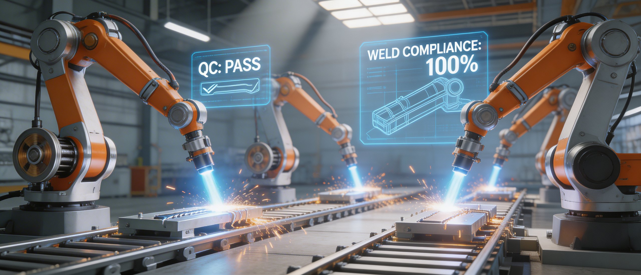 Advanced industrial welding robots in modern smart factory, multiple robotic arms with laser welding arcs, AI-powered quality control, automated MIG welding cells, futuristic manufacturing floor with robotic automation technology, 3D Rendering style