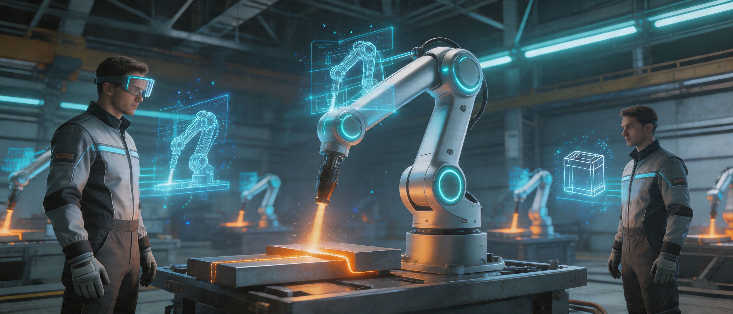 Futuristic AI-powered welding cobots with holographic digital twin interfaces in smart manufacturing facility - Neon cyan and orange lighting, 3D Rendering style