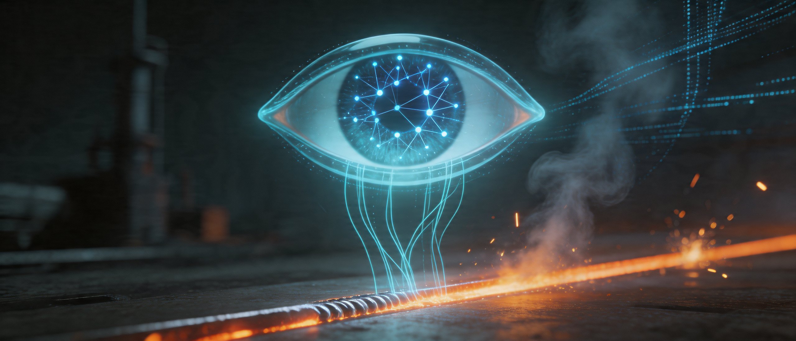 Floating holographic AI eye monitoring weld seams with neural network constellation iris - Electric cyan and burnt orange palette, Cyberpunk style
