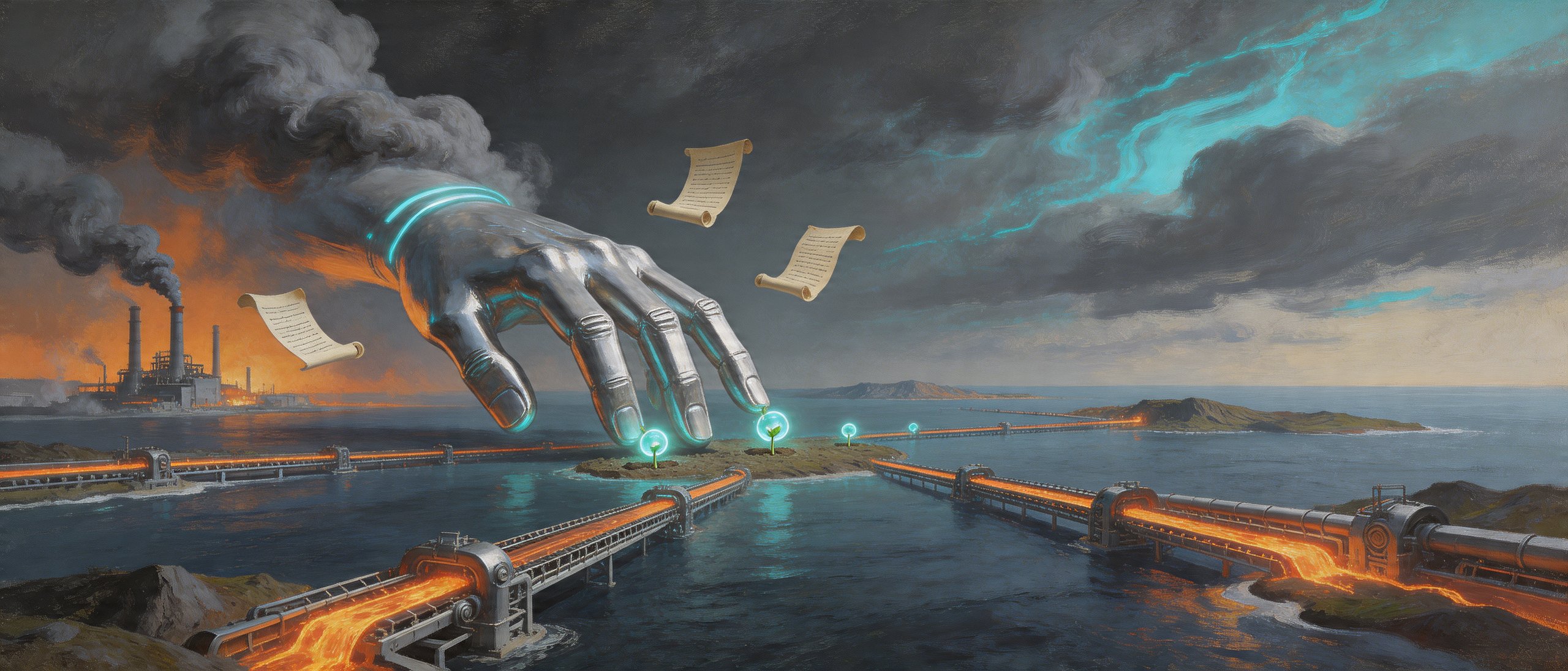 Titanium hand emerging from factory smoke planting seeds of standardized automation across continents - Burnt orange and electric cyan against charcoal skies, Oil Painting style