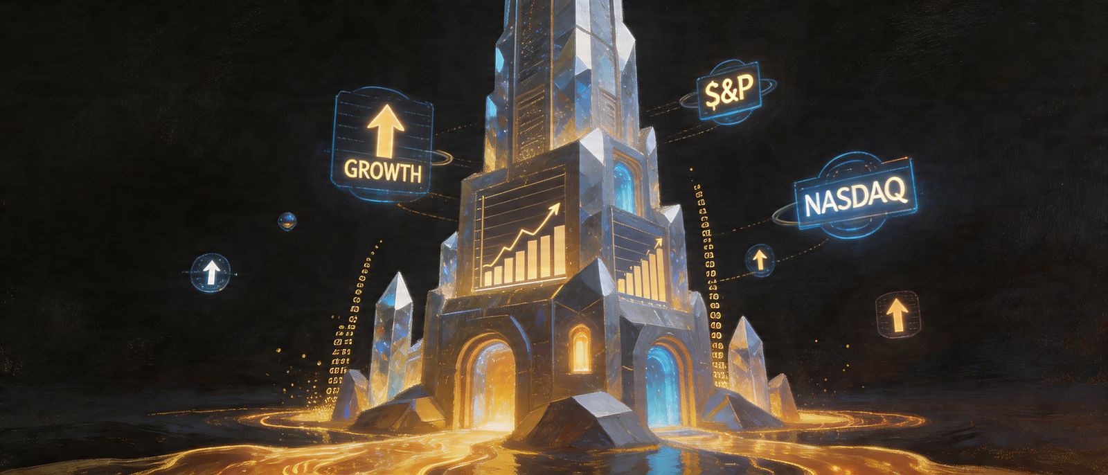 Crystalline data tower emerging from rivers of molten light, architecture formed by ascending market projections, streams of numerical precision flowing upward like liquid gold - Oil Painting style