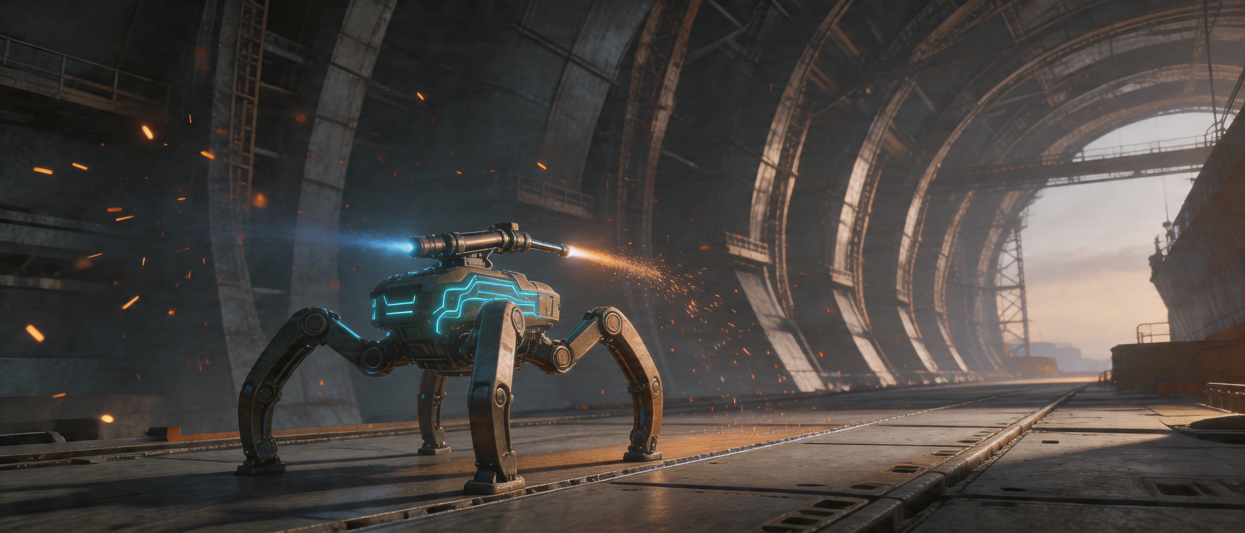 Mechanical quadruped sentinel traversing ship hull cathedral with plasma arcs firing into steel seams, neural network veins glowing electric cyan inside chassis - 3D Rendering style