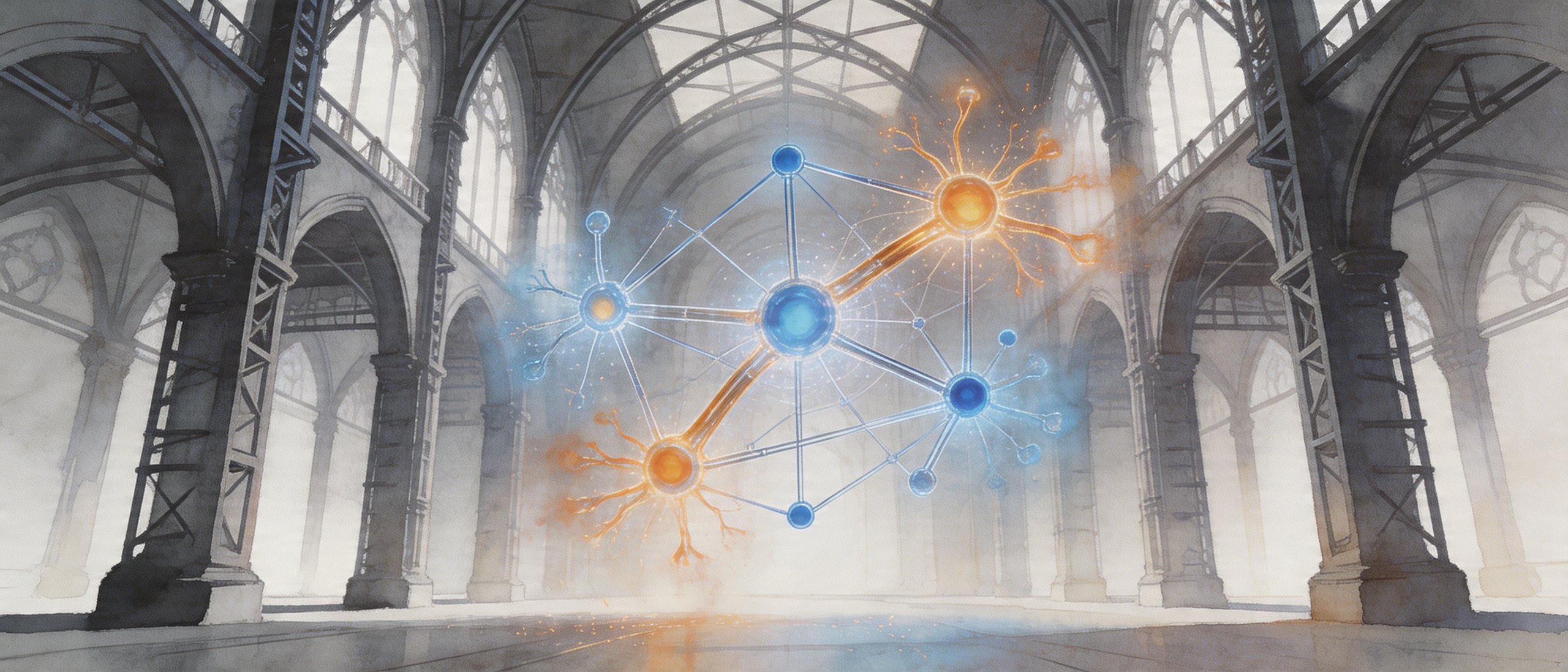 Crystalline neural network suspended in cathedral-like industrial space, dendrites of molten steel flowing through translucent circuit pathways, an AI consciousness emerging from welding sparks like ink spreading on watercolor paper - Watercolor Painting style