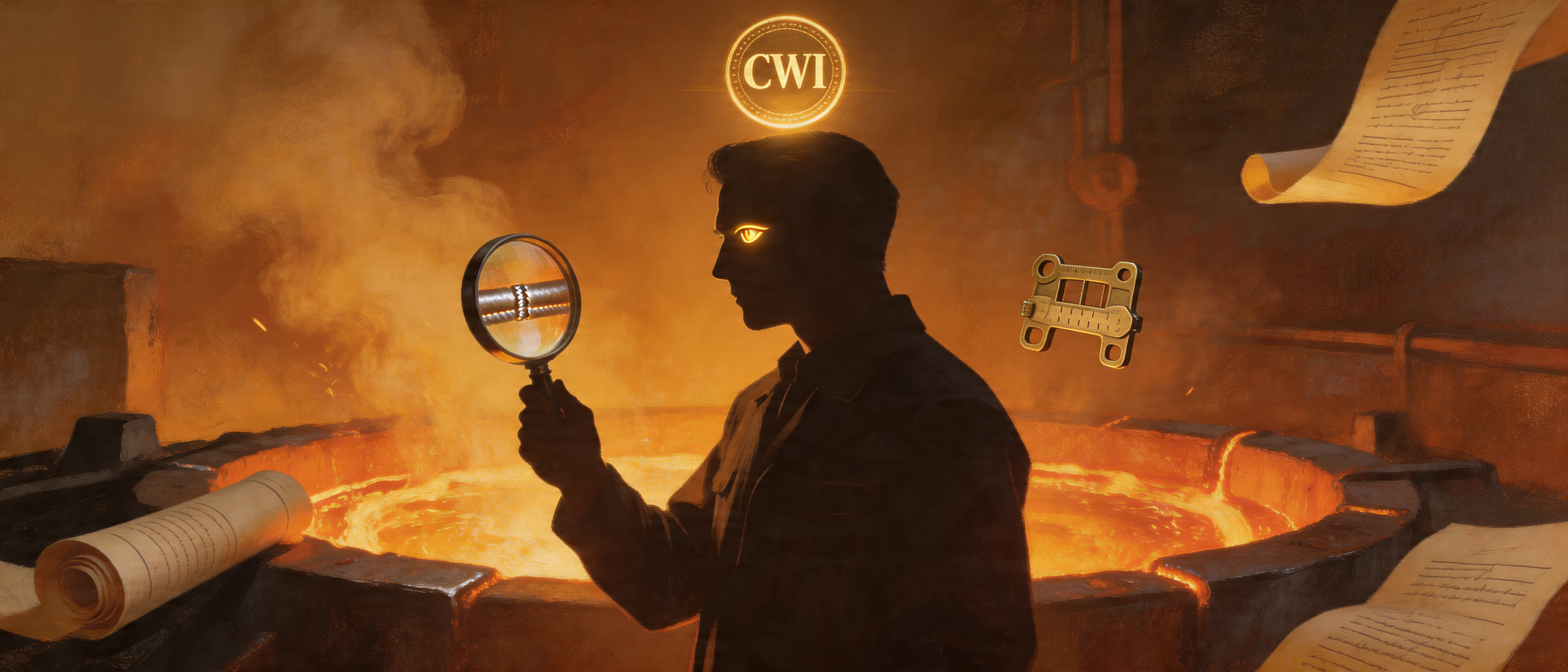 Master welding inspector silhouette against molten steel backdrop, certification badge glowing like halo of professional mastery, inspection gauges floating as sacred artifacts - Oil Painting style