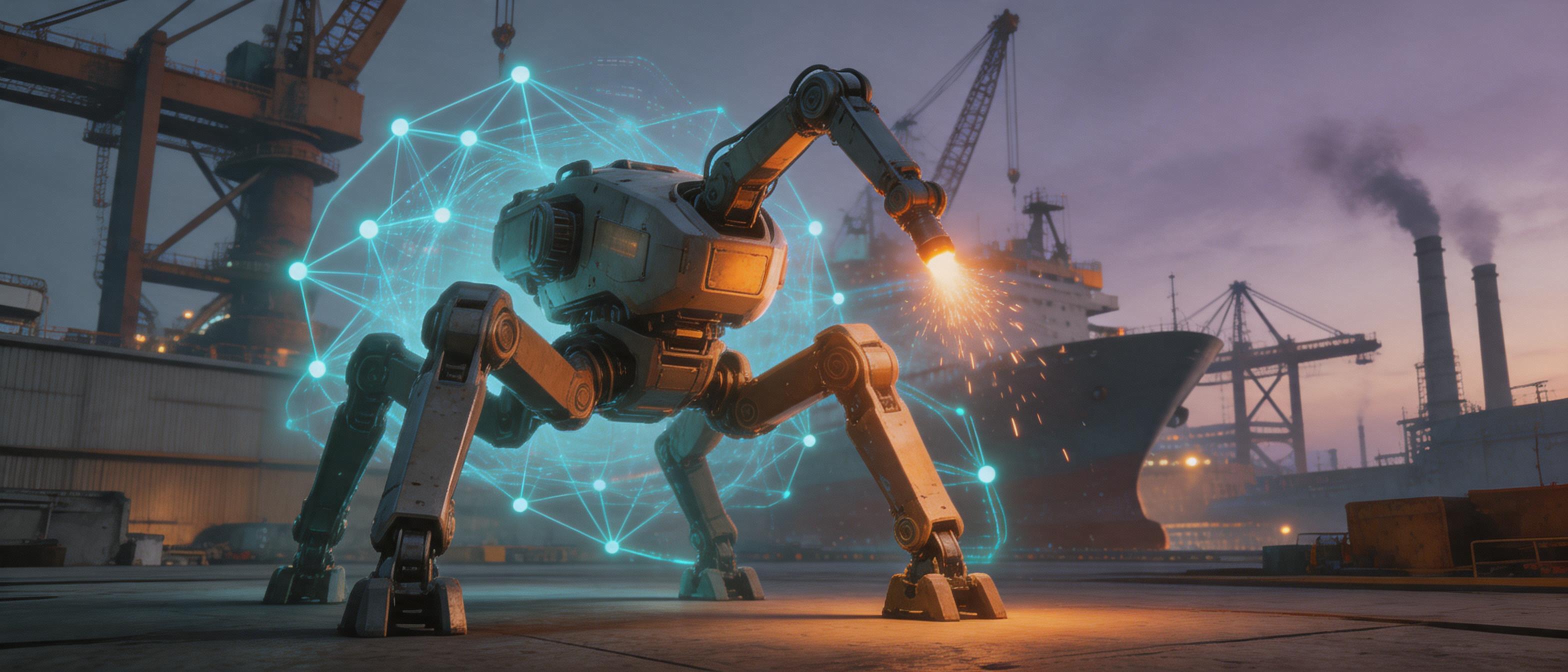 Mobile welding robot Rove on Boston Dynamics quadruped traversing shipyard, autonomous welding torch, Physical AI system, industrial automation revolution - 3D Rendering style