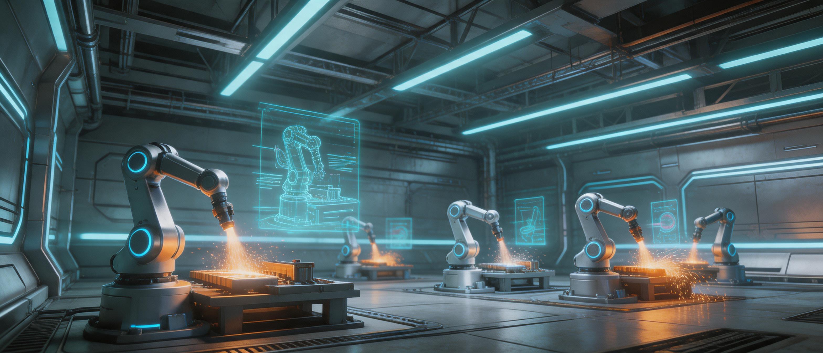 AI-powered welding cobots, digital twin interfaces, holographic data streams, futuristic manufacturing facility - 3D Rendering style