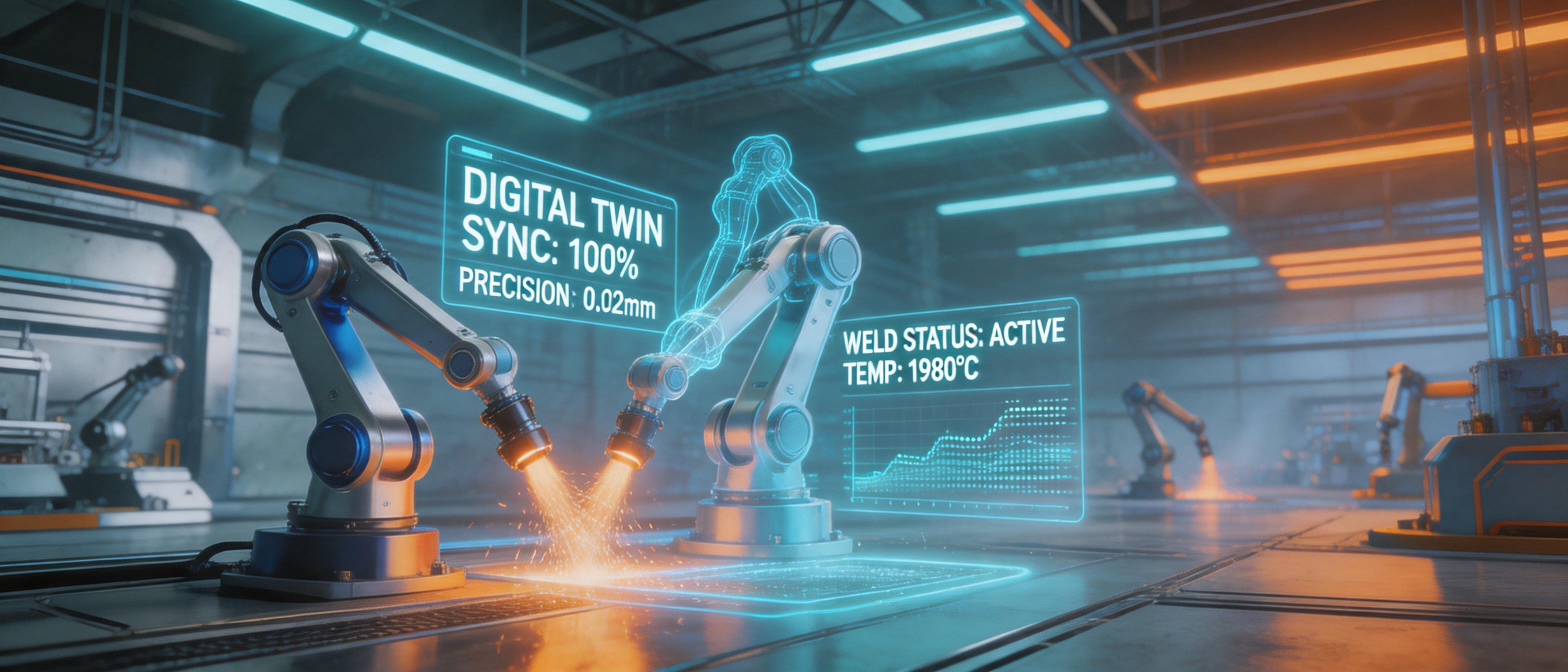 AI-powered welding cobots, digital twin interfaces, holographic data streams, futuristic manufacturing facility - 3D Rendering style