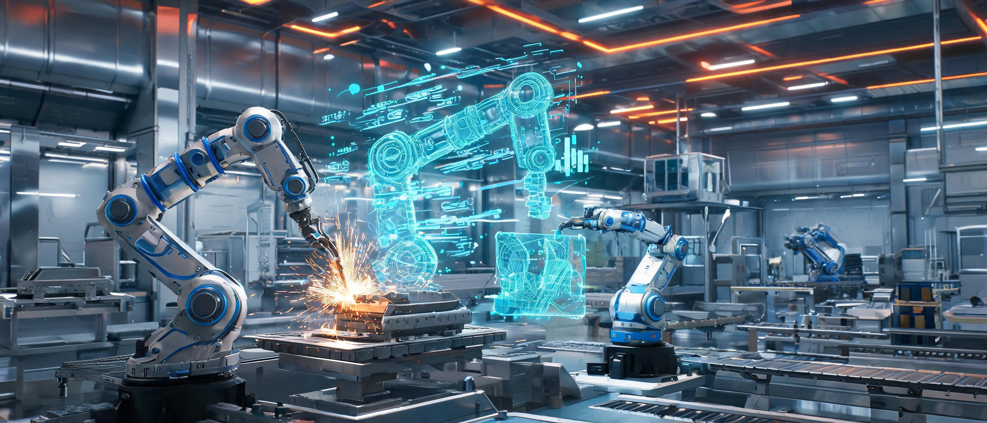 AI-powered welding cobots, digital twin interfaces, holographic data streams, futuristic manufacturing facility - 3D Rendering style