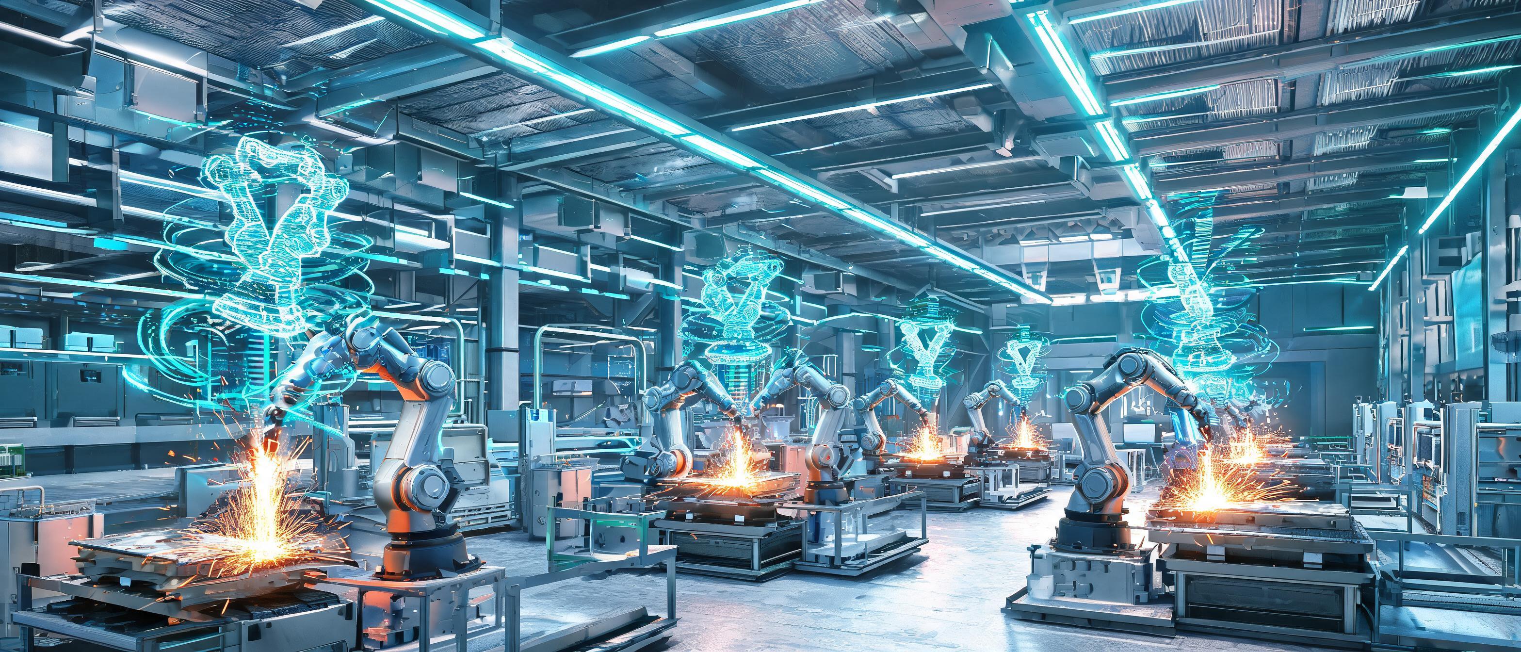 AI-powered welding cobots, digital twin interfaces, holographic data streams, futuristic manufacturing facility - 3D Rendering style