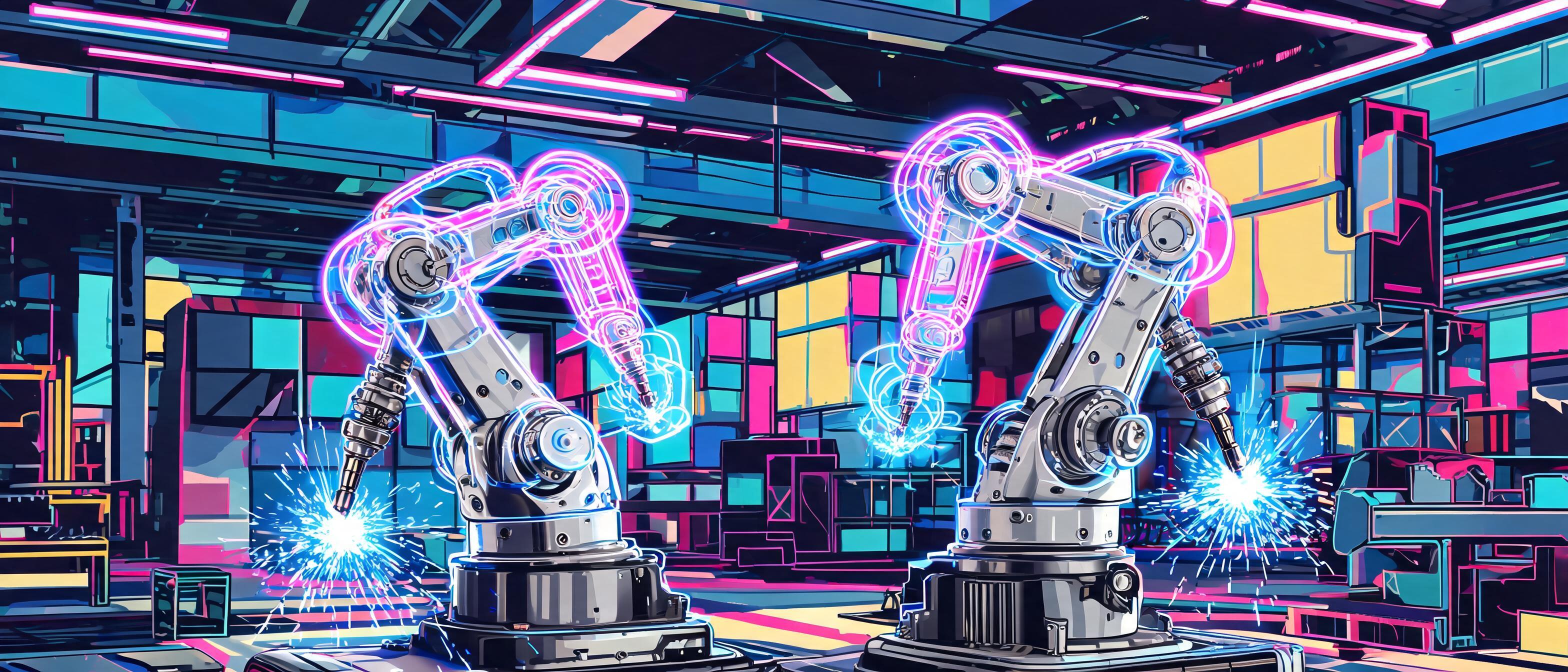 AI-powered welding cobots, digital twin interfaces, holographic data streams, futuristic manufacturing facility - 3D Rendering style