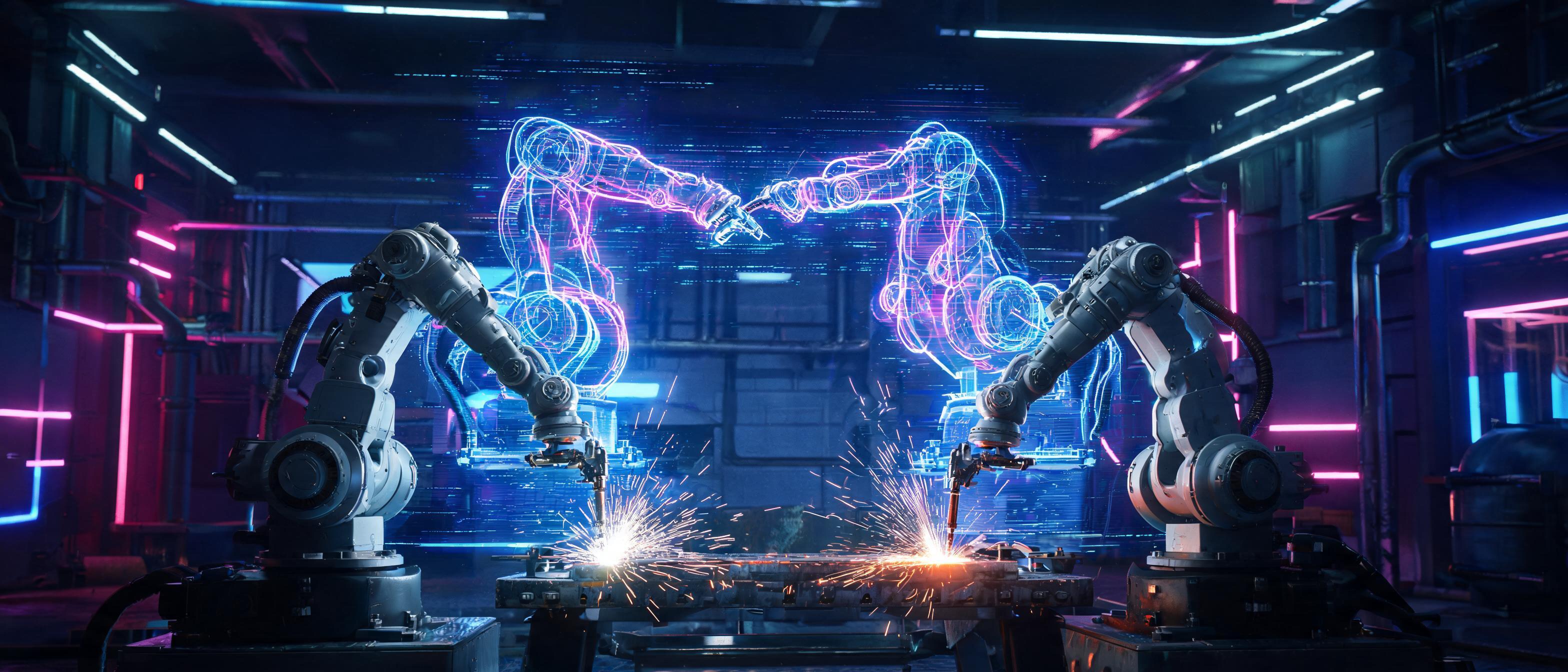 AI-powered welding cobots, digital twin interfaces, holographic data streams, futuristic manufacturing facility - 3D Rendering style