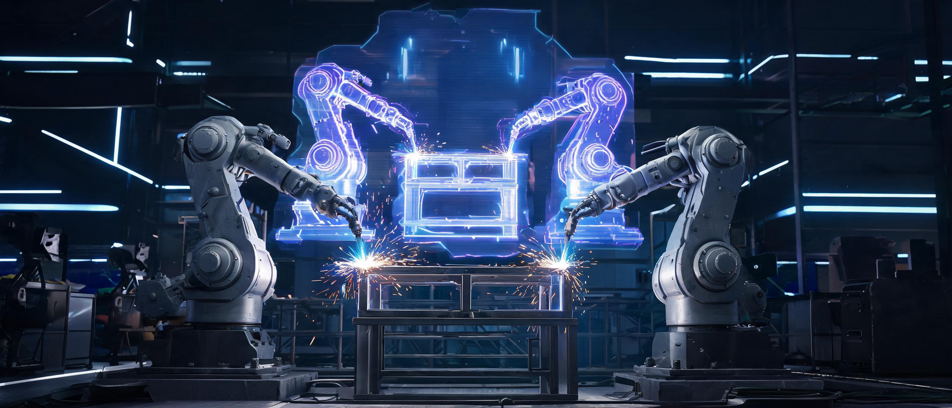 AI-powered welding cobots, digital twin interfaces, holographic data streams, futuristic manufacturing facility - 3D Rendering style
