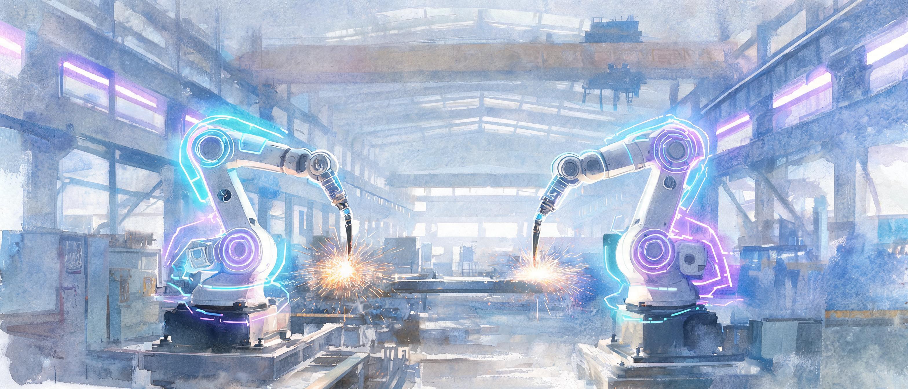 AI-powered welding cobots, digital twin interfaces, holographic data streams, futuristic manufacturing facility - 3D Rendering style