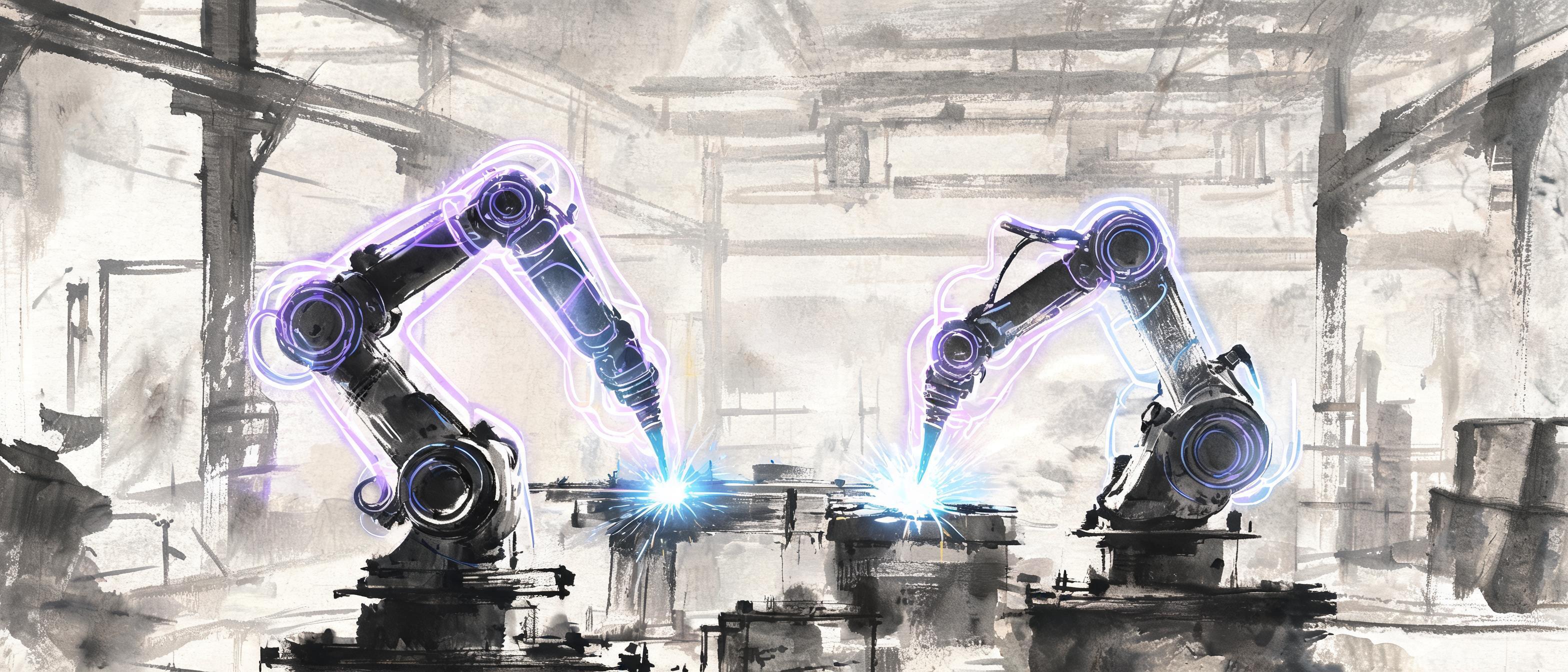 AI-powered welding cobots, digital twin interfaces, holographic data streams, futuristic manufacturing facility - 3D Rendering style