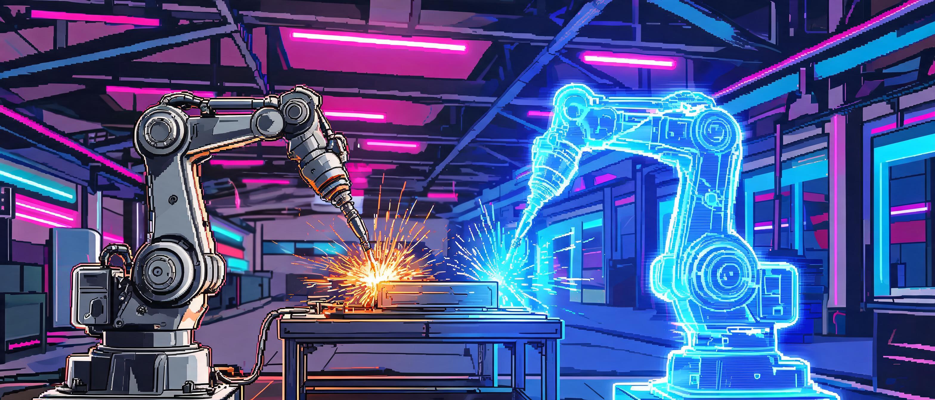 AI-powered welding cobots, digital twin interfaces, holographic data streams, futuristic manufacturing facility - 3D Rendering style