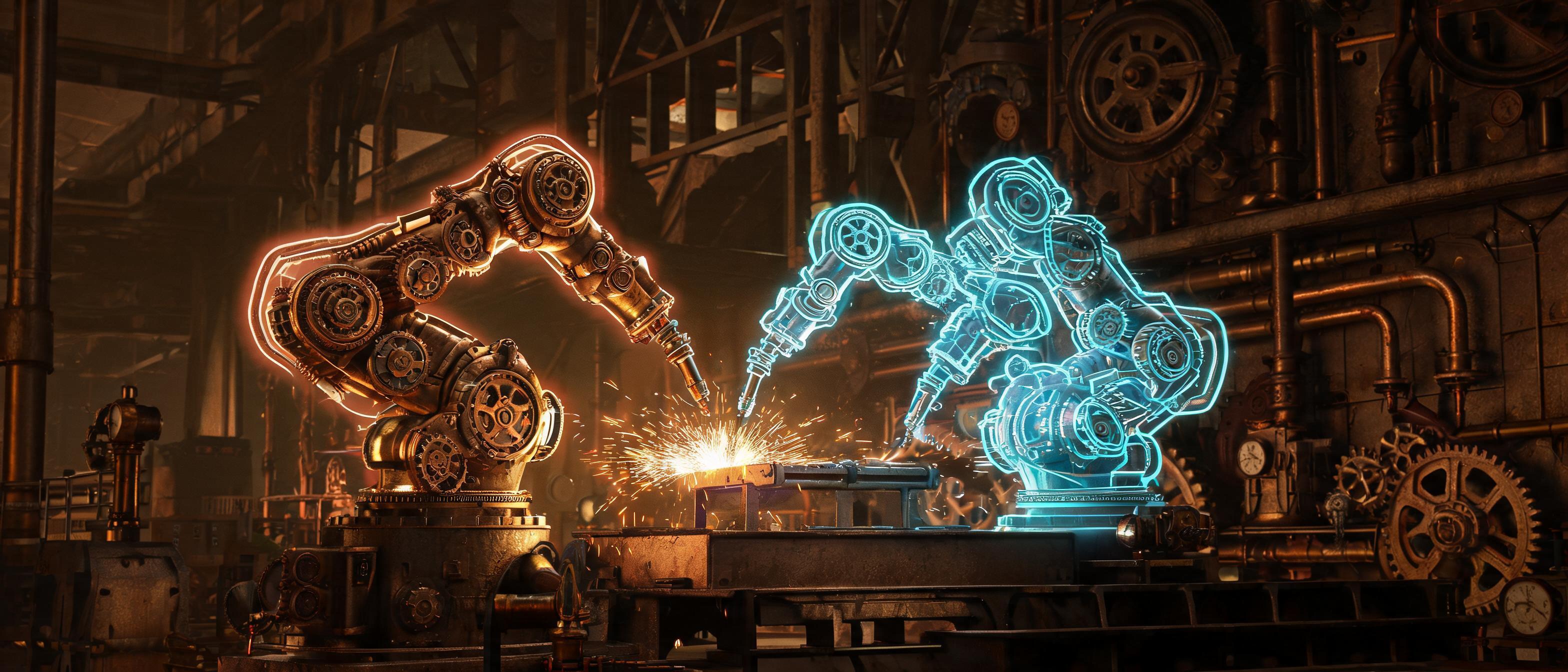 AI-powered welding cobots, digital twin interfaces, holographic data streams, futuristic manufacturing facility - 3D Rendering style