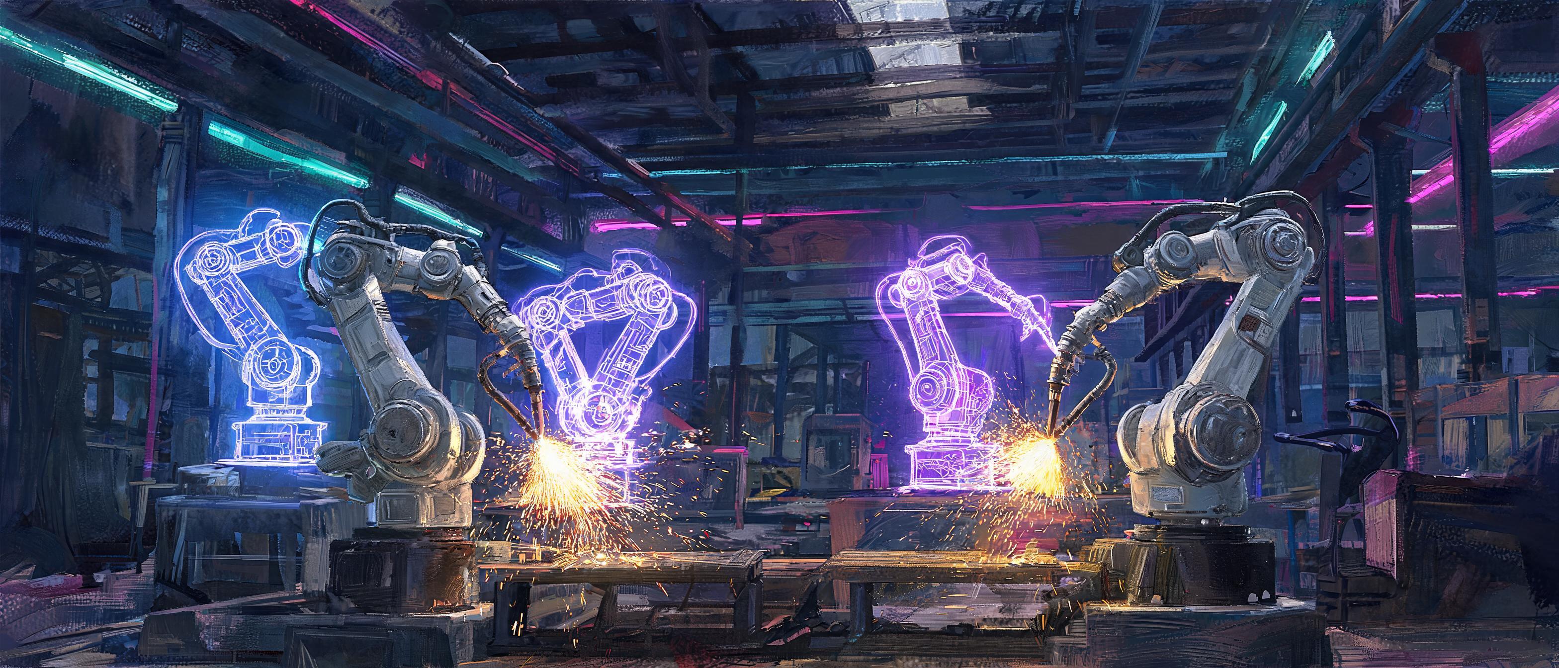 AI-powered welding cobots, digital twin interfaces, holographic data streams, futuristic manufacturing facility - 3D Rendering style