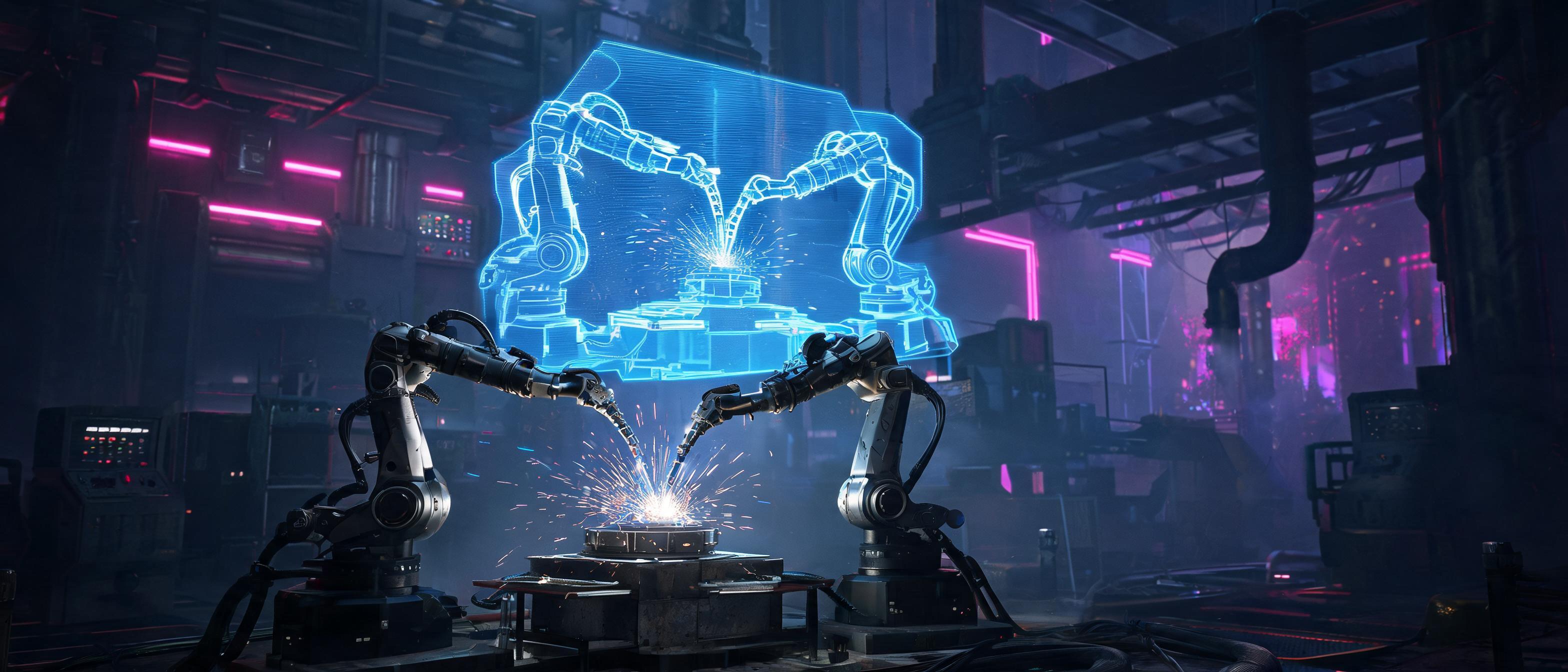 AI-powered welding cobots, digital twin interfaces, holographic data streams, futuristic manufacturing facility - 3D Rendering style