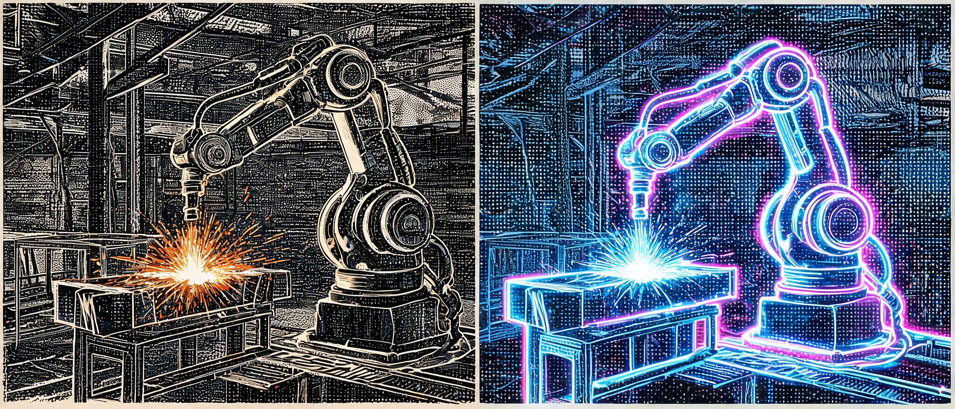 AI-powered welding cobots, digital twin interfaces, holographic data streams, futuristic manufacturing facility - 3D Rendering style