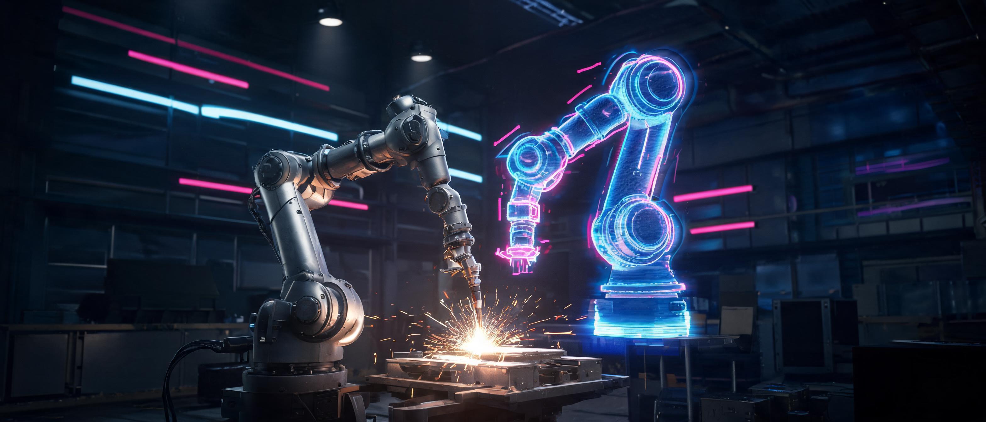 AI-powered welding cobots, digital twin interfaces, holographic data streams, futuristic manufacturing facility - 3D Rendering style