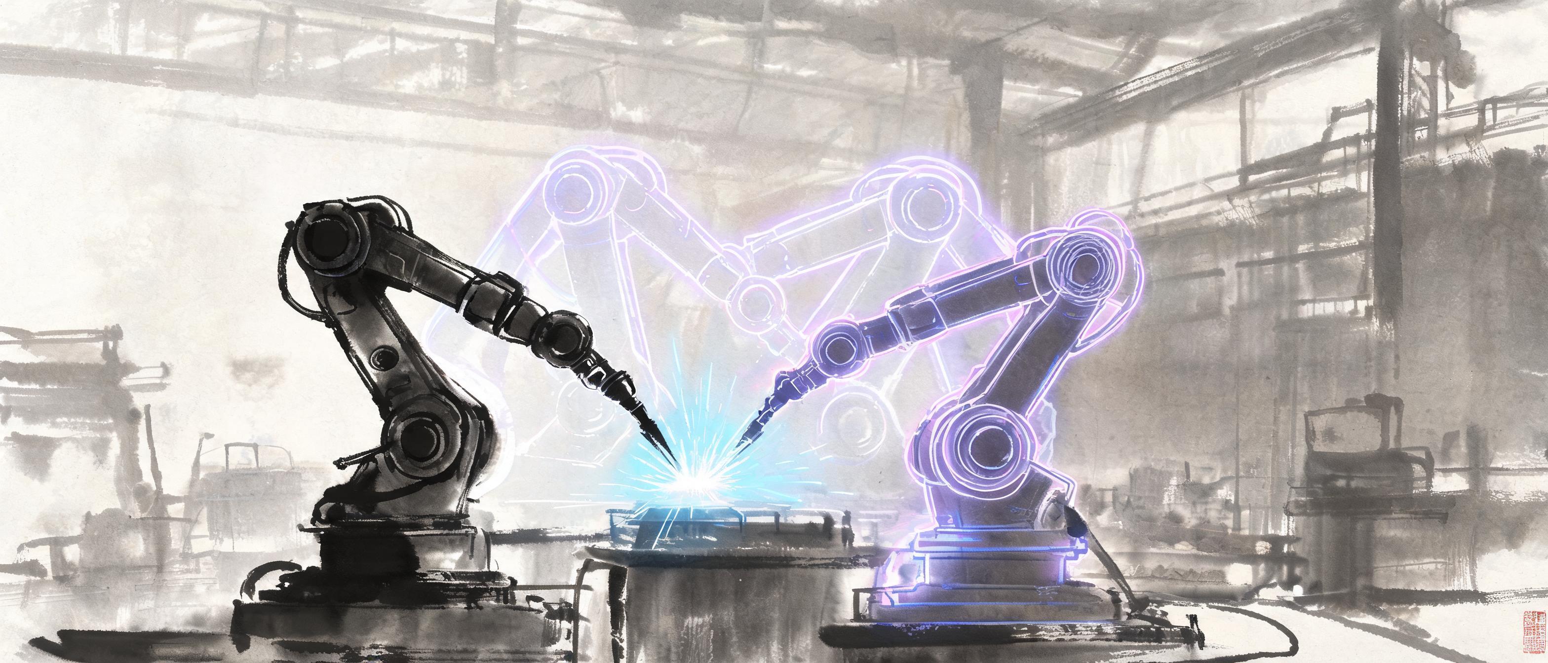AI-powered welding cobots, digital twin interfaces, holographic data streams, futuristic manufacturing facility - 3D Rendering style
