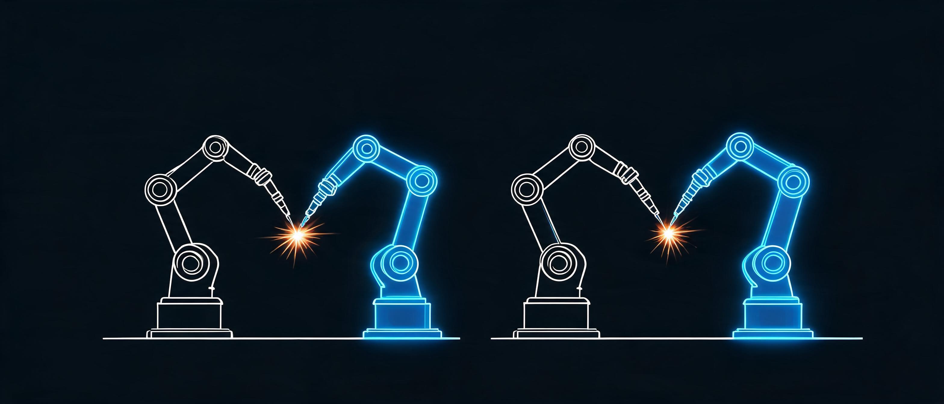 AI-powered welding cobots, digital twin interfaces, holographic data streams, futuristic manufacturing facility - 3D Rendering style