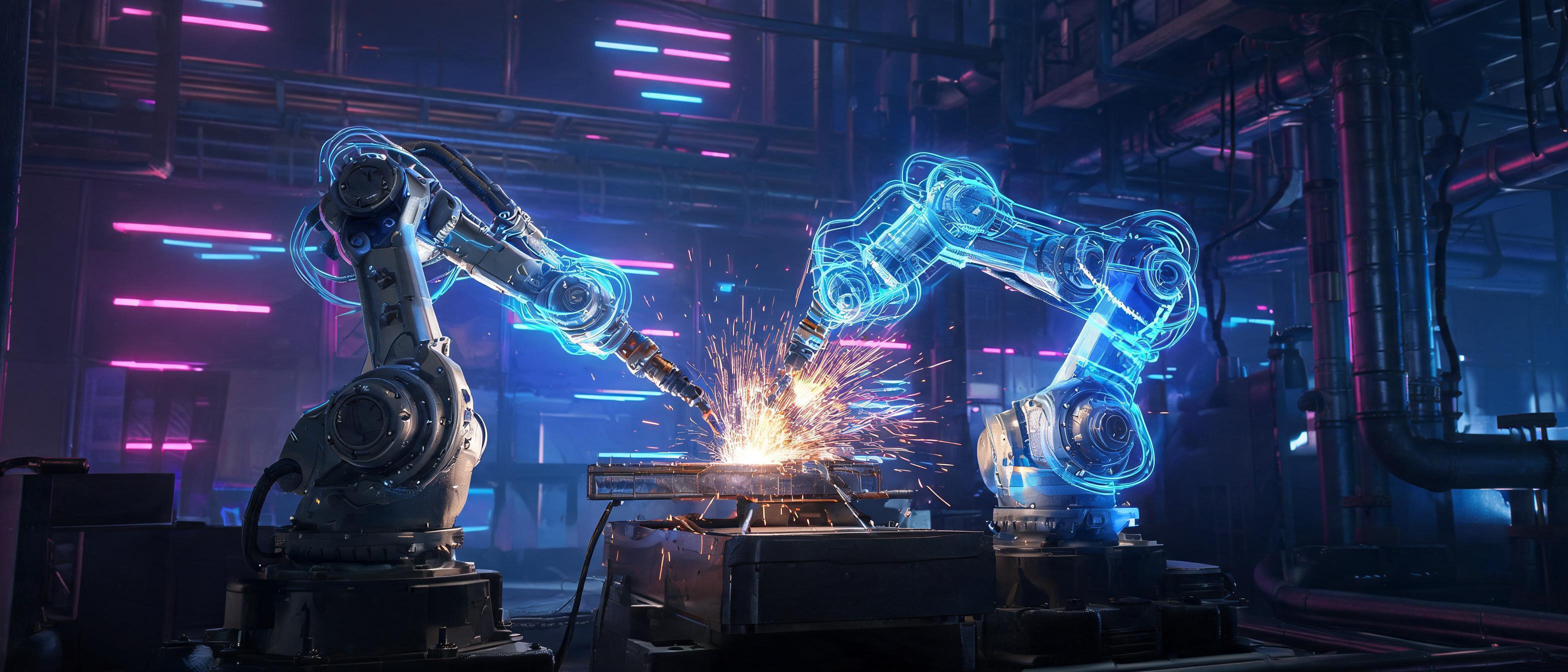 AI-powered welding cobots, digital twin interfaces, holographic data streams, futuristic manufacturing facility - 3D Rendering style
