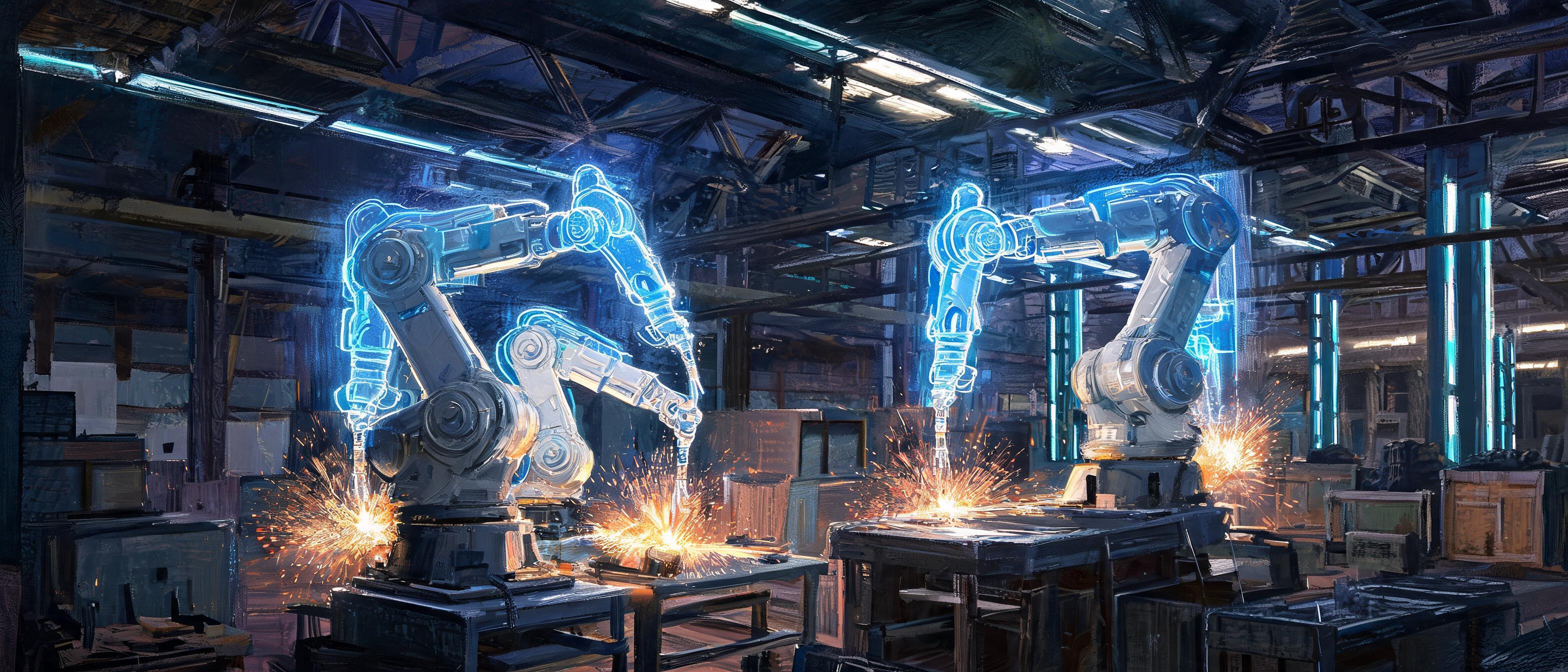 AI-powered welding cobots, digital twin interfaces, holographic data streams, futuristic manufacturing facility - 3D Rendering style