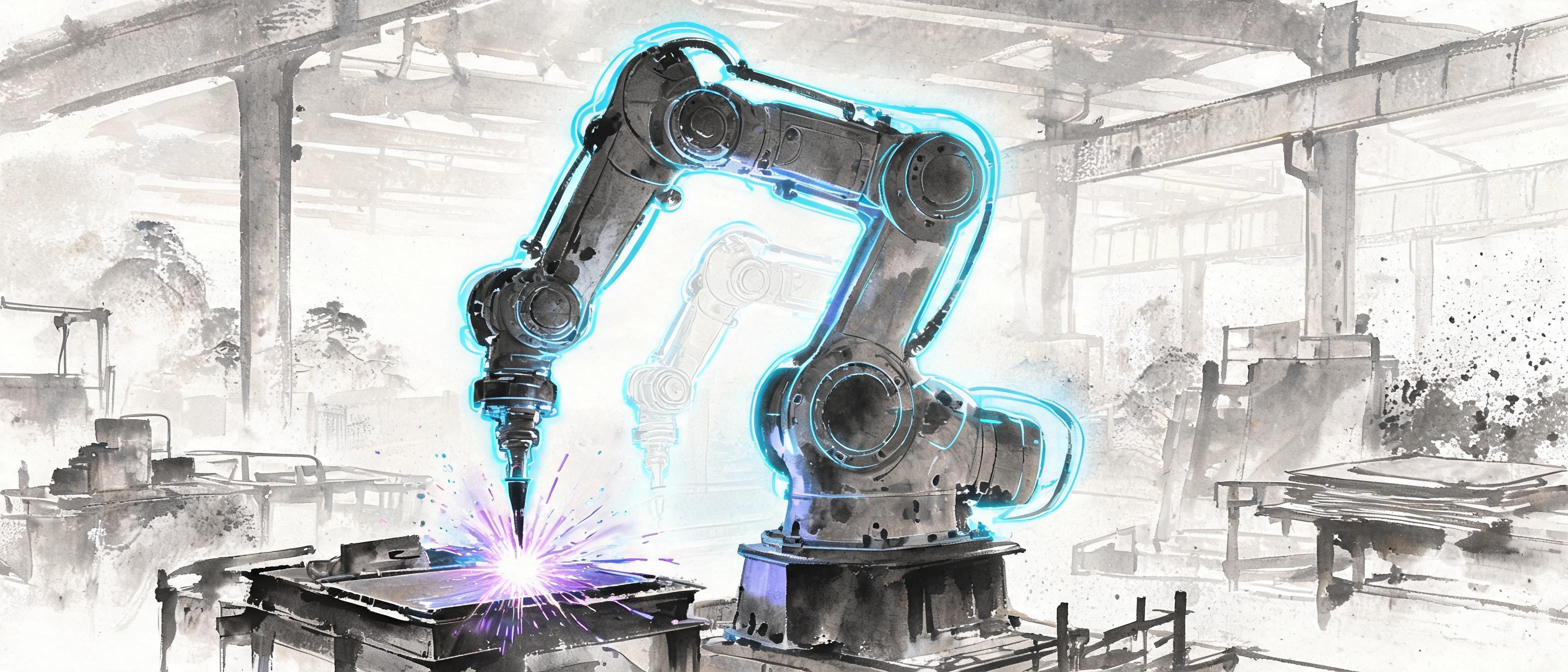 **Welding Robots Guide 2026 — Industrial Automation for Modern Manufacturing** — Ink Wash Painting style